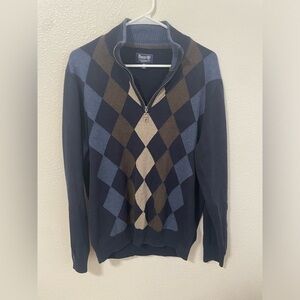 Bass Argyle Quarter Zip Pullover Sweater Blue Brown Knit‎ Mens Size M